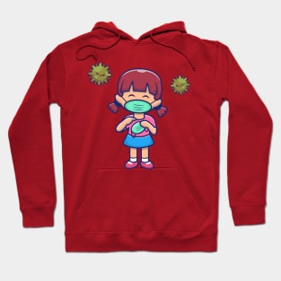 Cute Girl Hold And Wear Mask Cartoon Hoodie